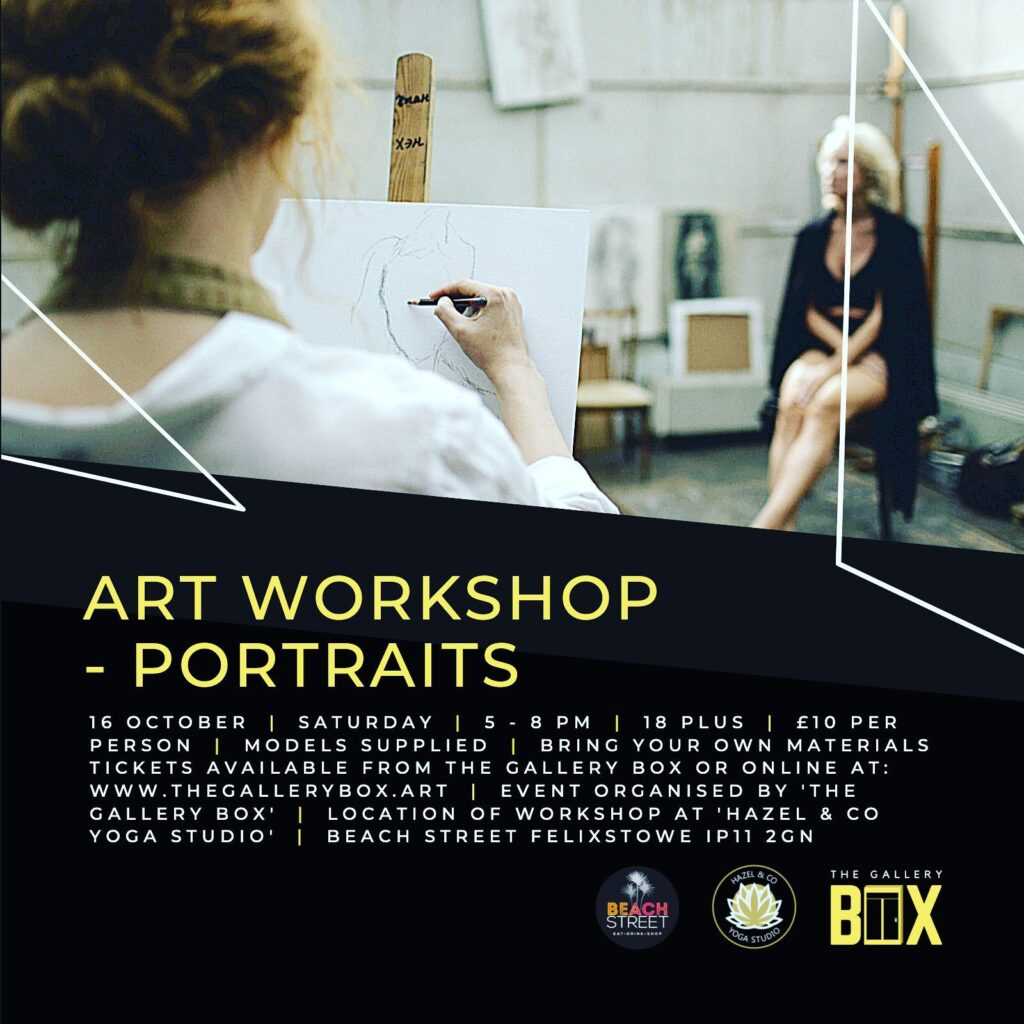 Graphic promoting the art workshop at The Gallery Box: artist paints the portrait of a woman sitting on a chair. 