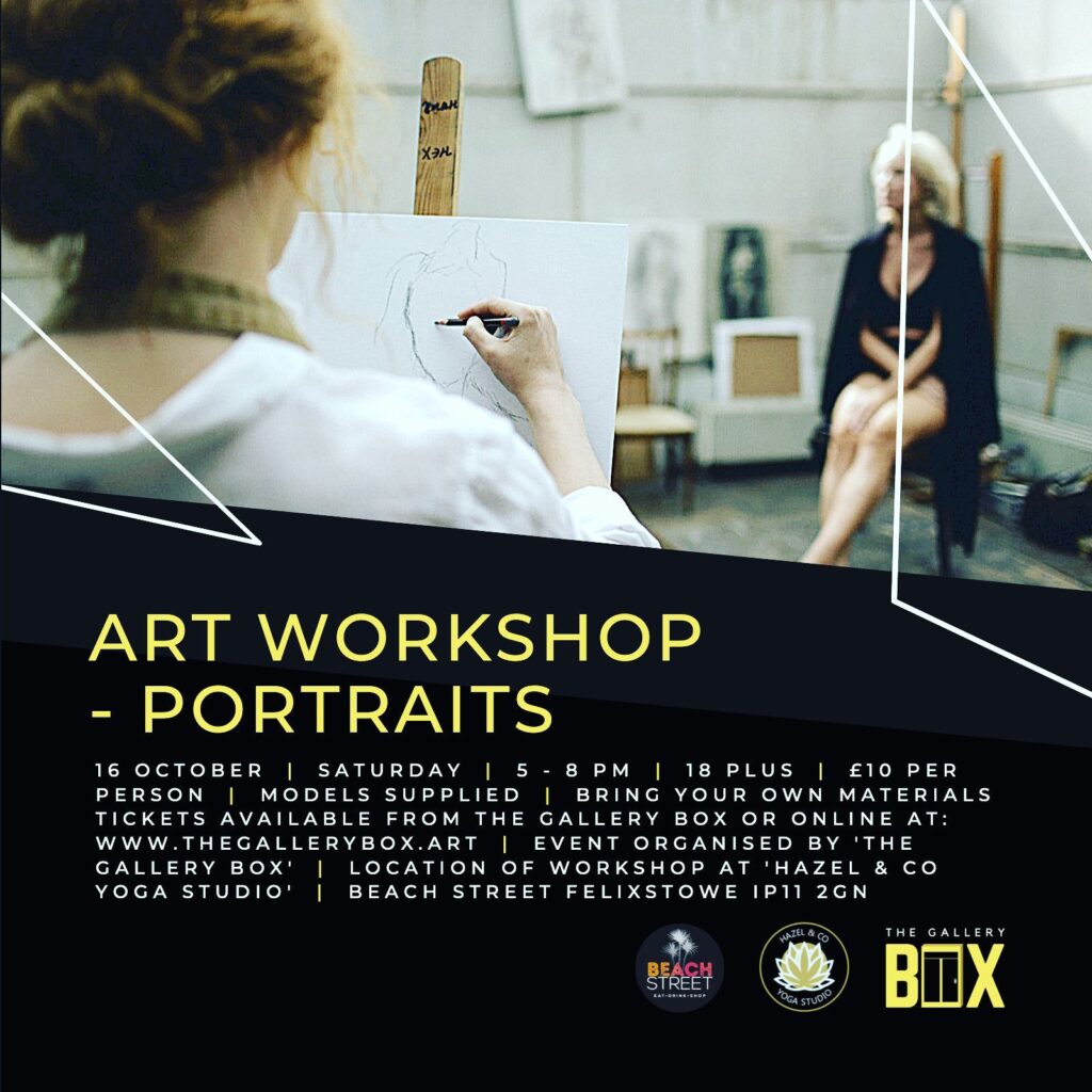 Graphic promoting the art workshop at The Gallery Box: artist paints the portrait of a woman sitting on a chair.